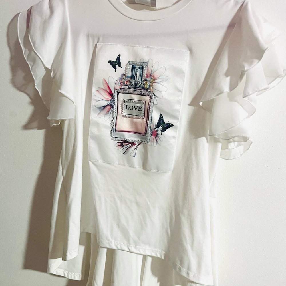White Ruffle Sleeve Top with Floral Print